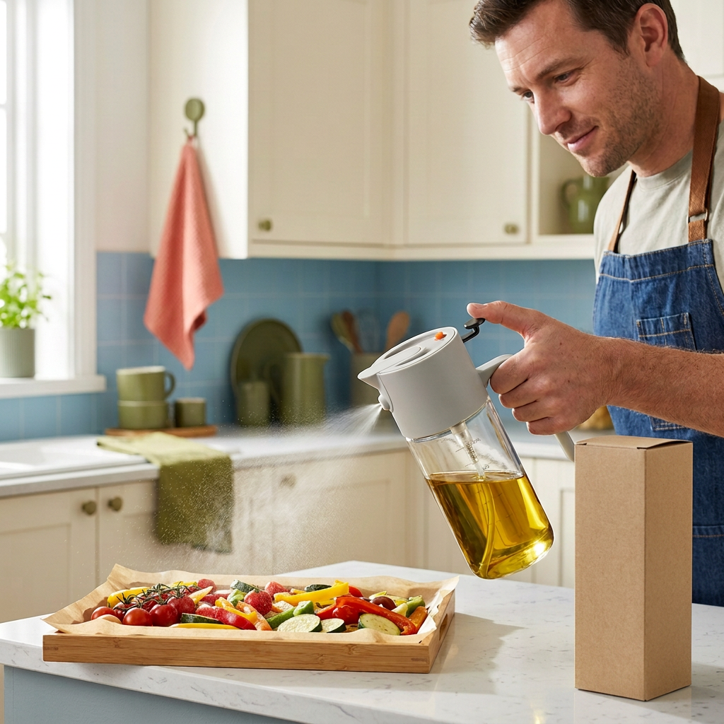 Male home cook spraying oil onto vegetables using the gray dispenser