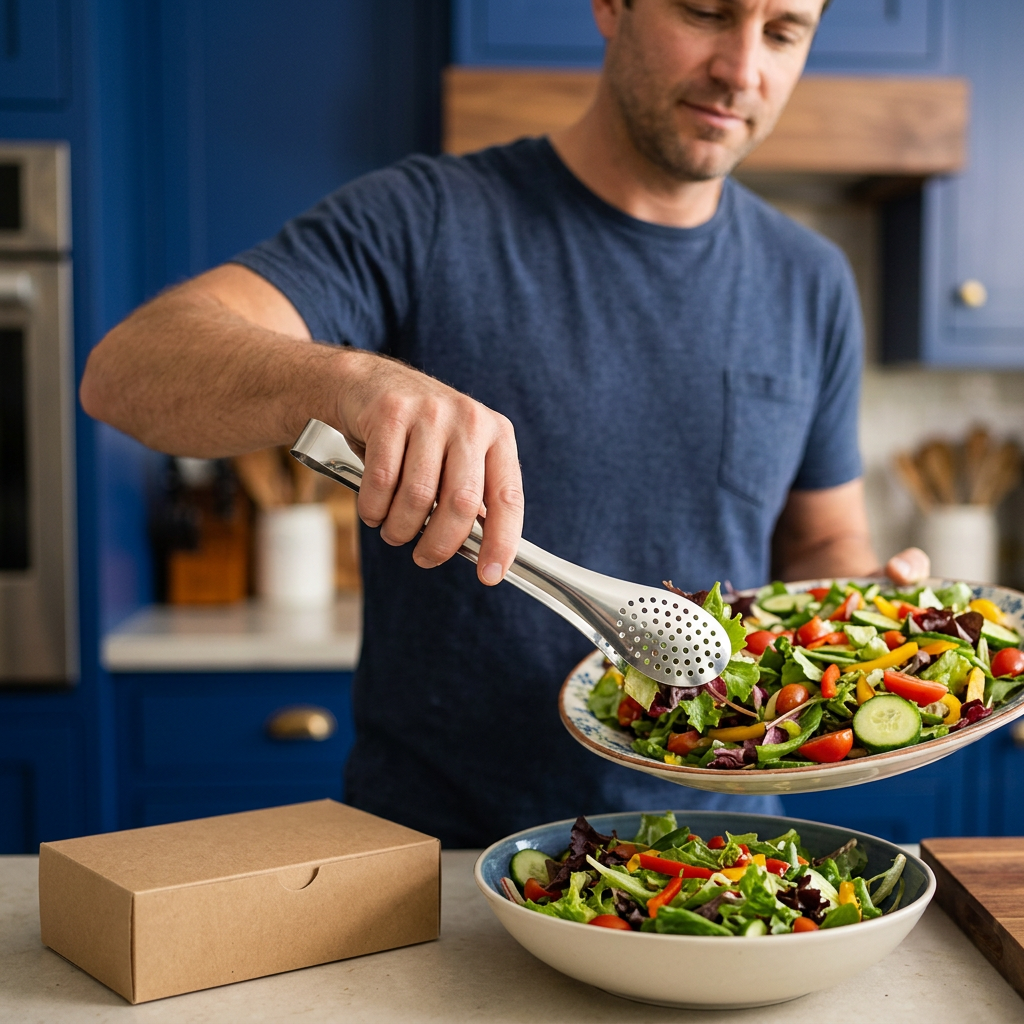 Male home cook serving salad with stainless steel kitchen tongs