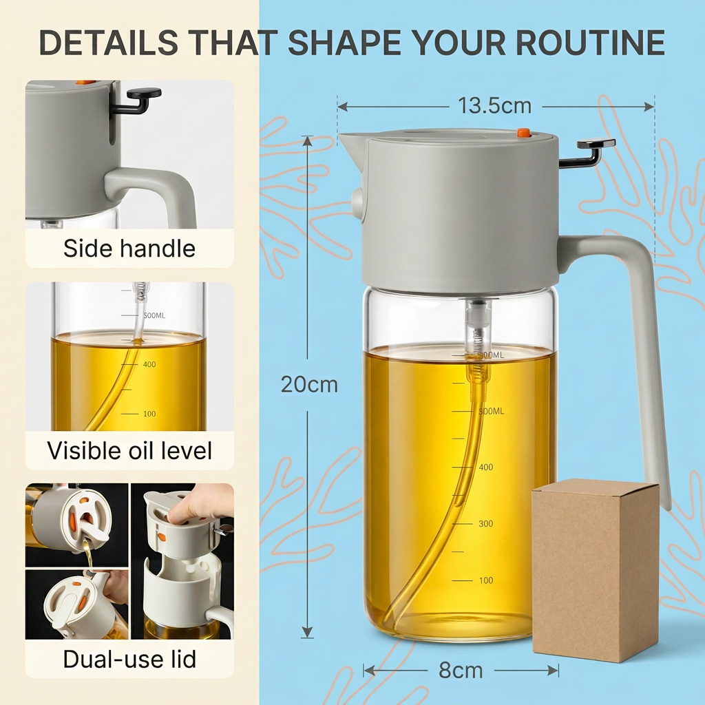 Oil dispenser side handle visible oil level and dual-use lid details