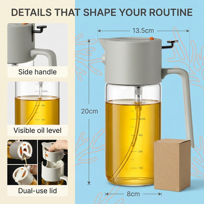 Oil dispenser side handle visible oil level and dual-use lid details