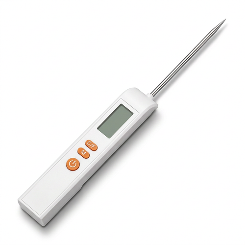 Unbranded white food thermometer on white background