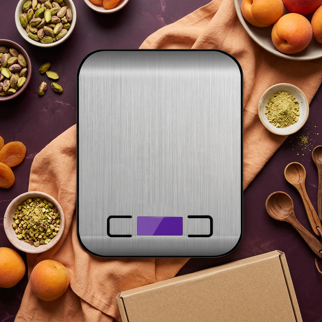 Kitchen scale styled with plum and apricot accents and plain packaging