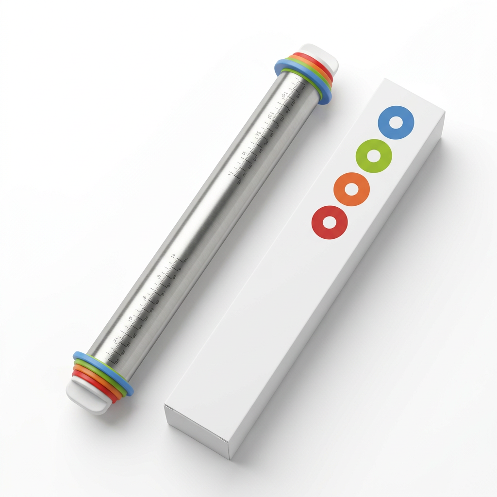 Adjustable stainless steel rolling pin and unbranded box on a white background