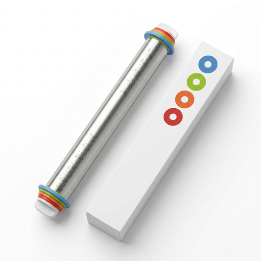 Adjustable stainless steel rolling pin and unbranded box on a white background