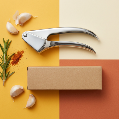 Silver garlic press flat lay with garlic herbs and warm colors