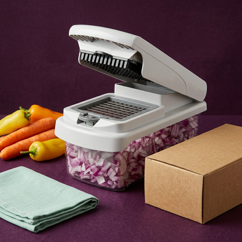 Manual vegetable dicer with aubergine and mint styling and plain packaging