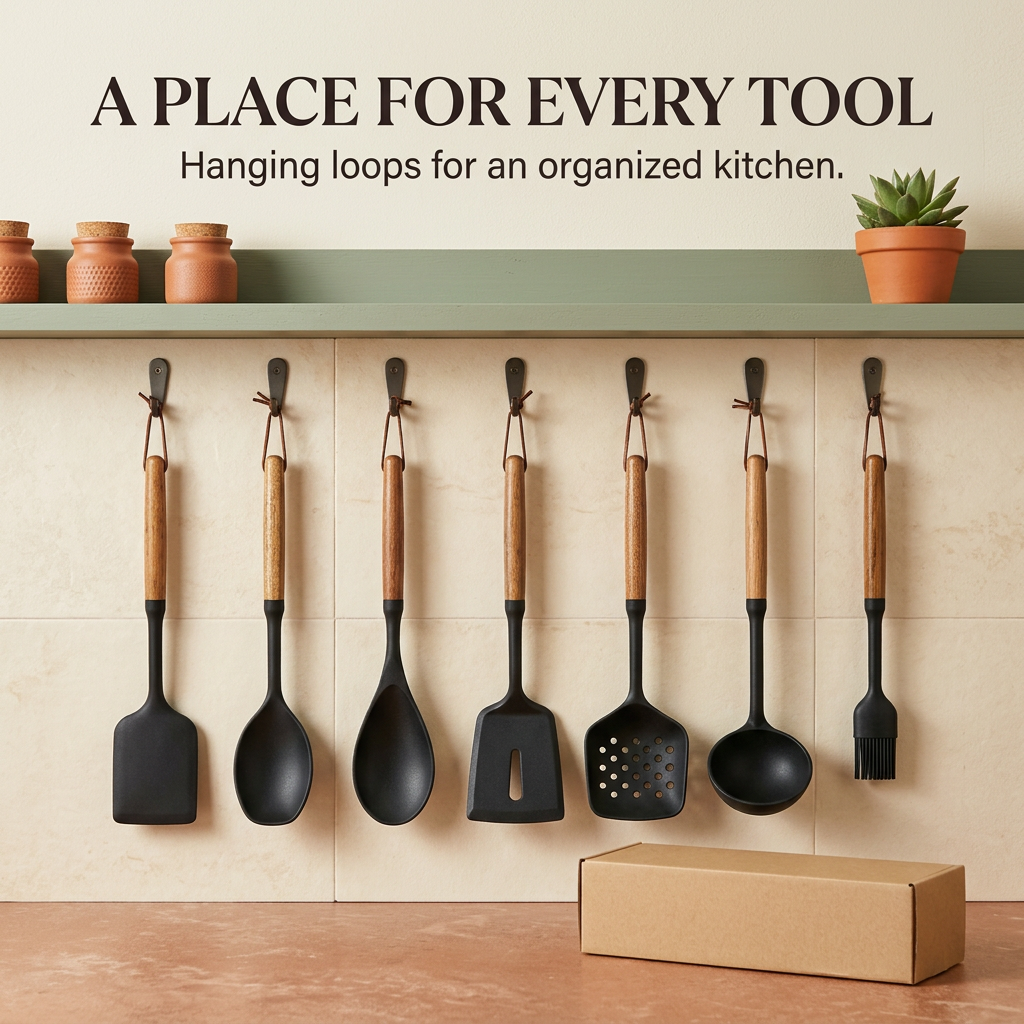 Seven kitchen utensils displayed using their hanging loops