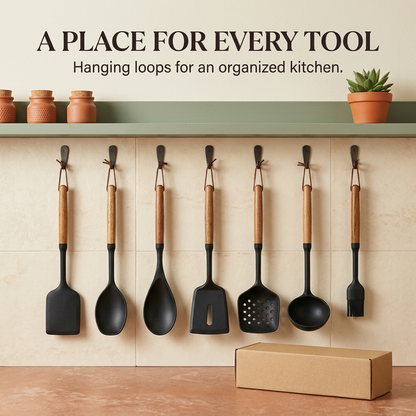 Seven kitchen utensils displayed using their hanging loops