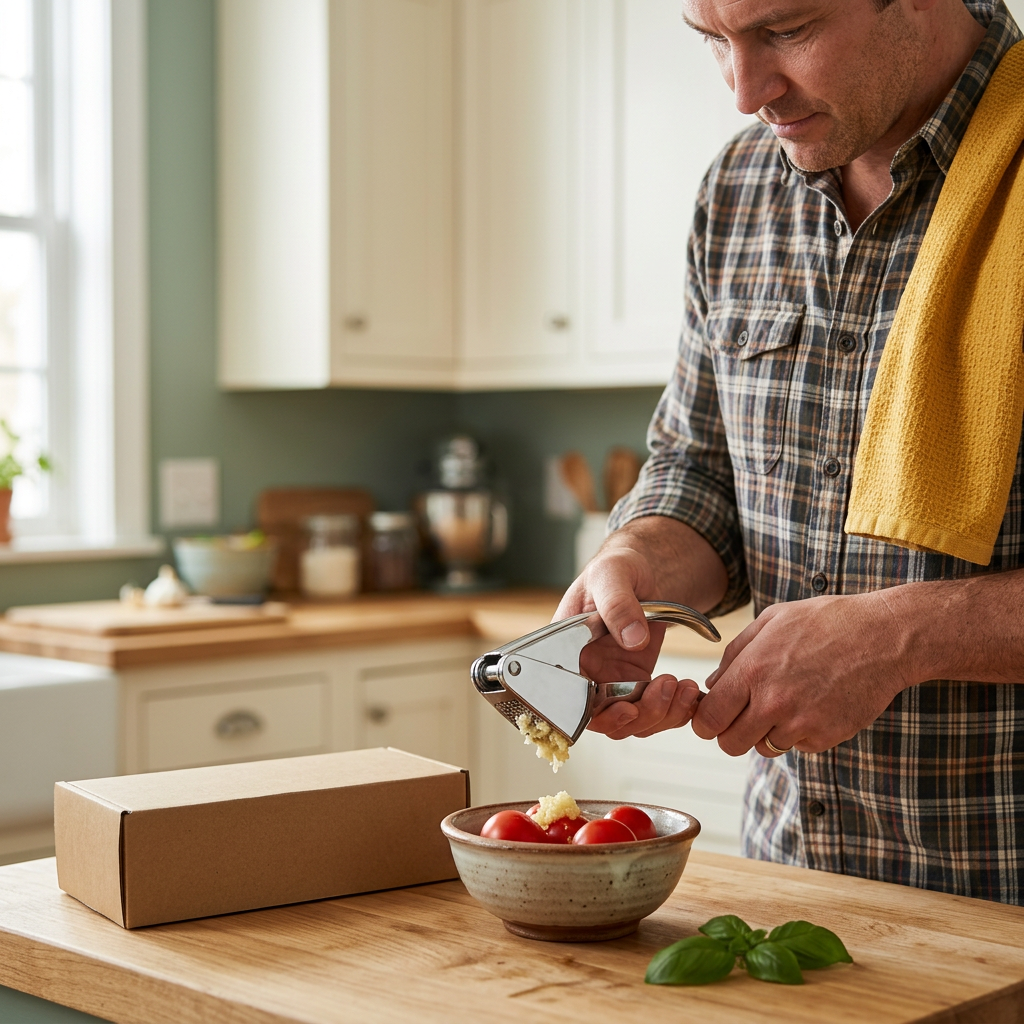 Male home cook using the garlic press over a preparation bowl