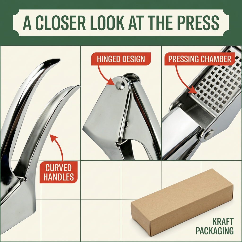 Garlic press curved handles hinge and chamber details