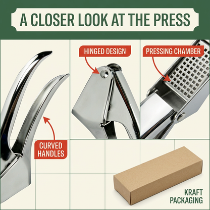 Garlic press curved handles hinge and chamber details