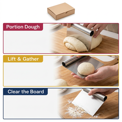 Dough cutter used to portion dough lift pieces and clear a work board