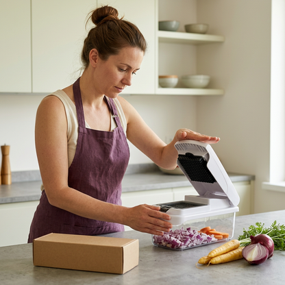 Female home cook preparing vegetables with the manual press chopper