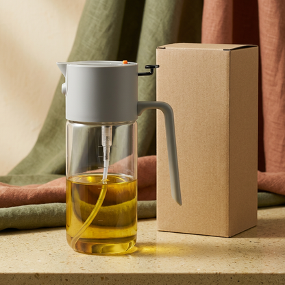 Gray oil dispenser with plain kraft packaging and olive green styling
