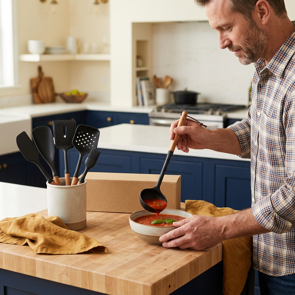 Male home cook serving soup with the wooden handle silicone ladle