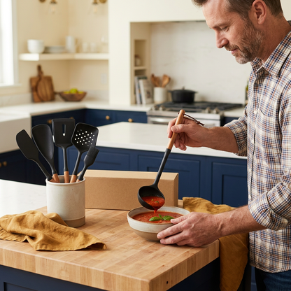 Male home cook serving soup with the wooden handle silicone ladle