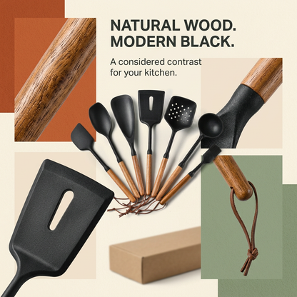 Close-up details of wooden handles and black silicone heads