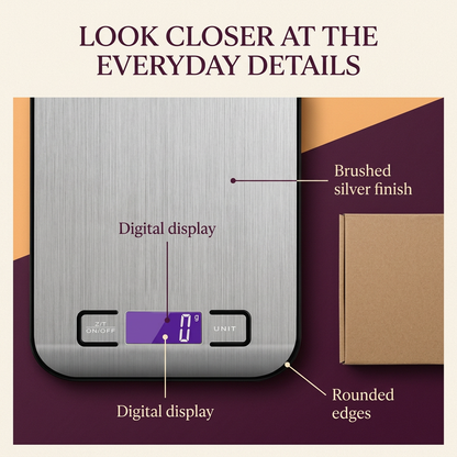 Kitchen scale digital display brushed silver finish and rounded edges
