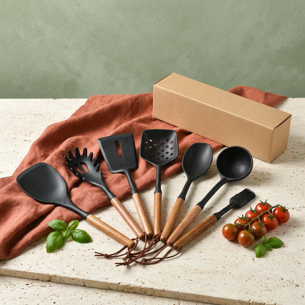 Wooden handle silicone kitchen utensil set styled with sage and terracotta accents