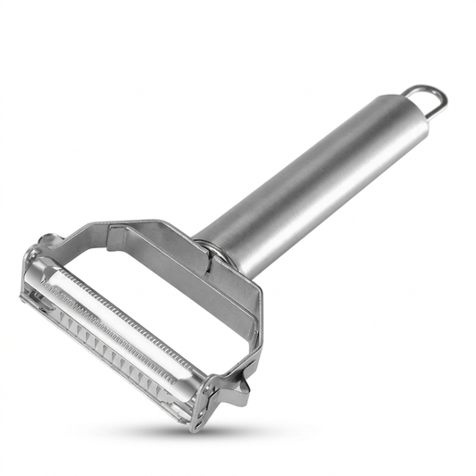 Silver Y-shaped vegetable peeler on a white background