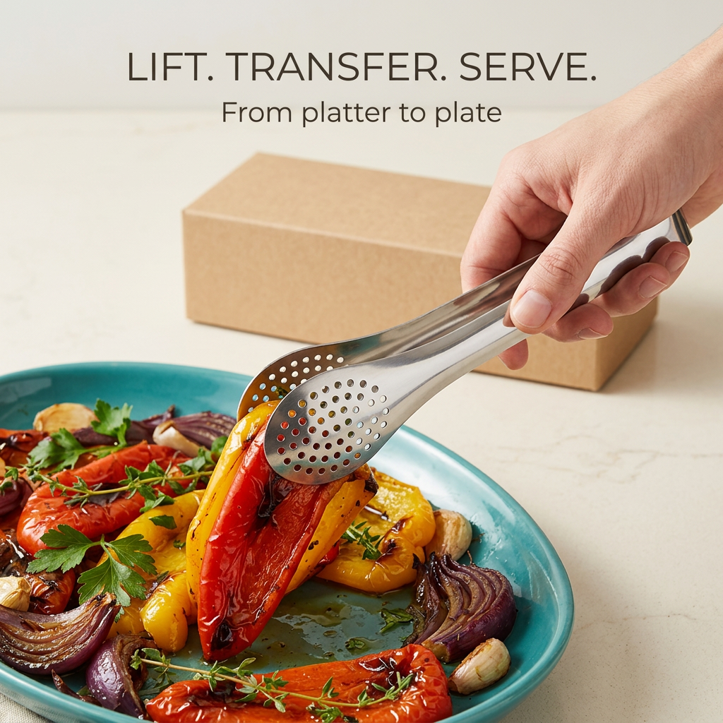 Perforated tongs transferring roasted vegetables