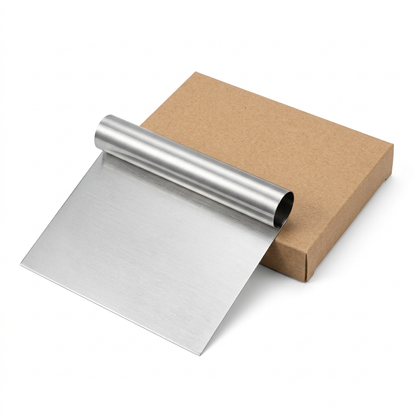Stainless steel dough cutter with rolled grip and plain kraft carton on white background
