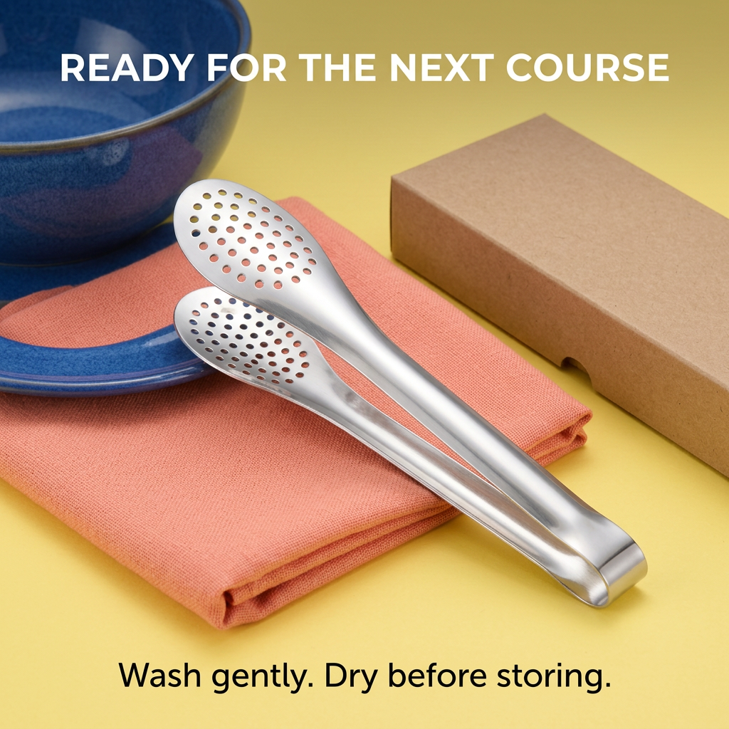 Kitchen tongs with gentle washing and drying care guidance