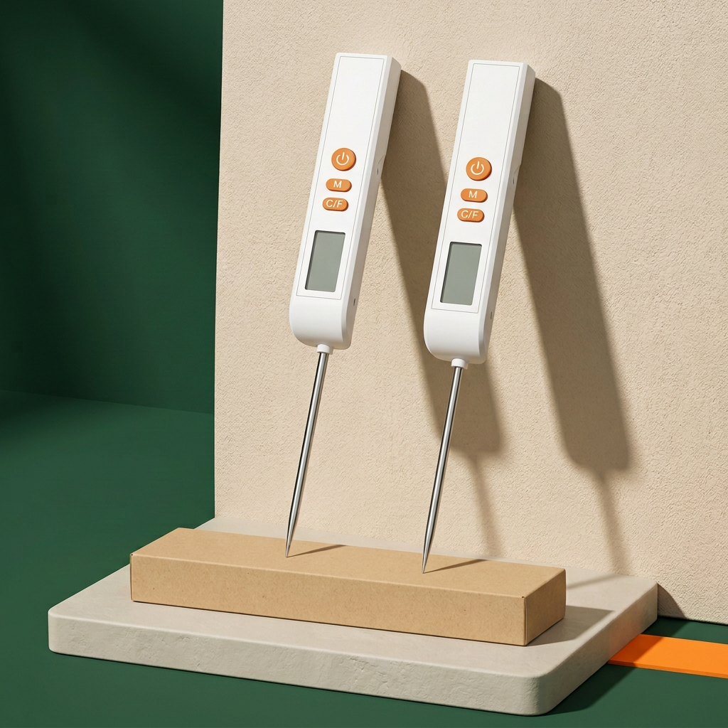 Unbranded thermometer design on forest green and cream