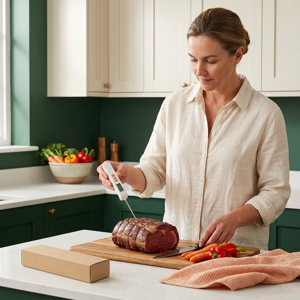 Female home cook using an unbranded food thermometer