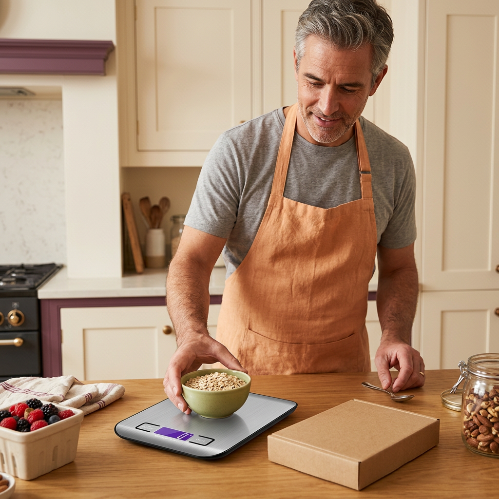 Male home cook preparing oats and berries with the digital kitchen scale