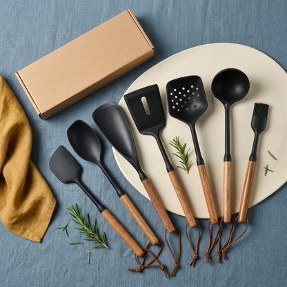 Seven-piece kitchen utensil set flat lay on a blue background
