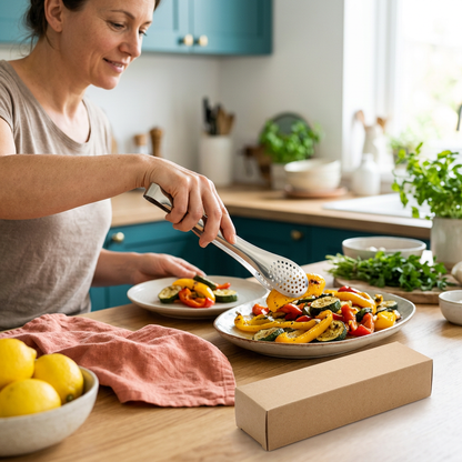 Female home cook serving vegetables with stainless steel tongs