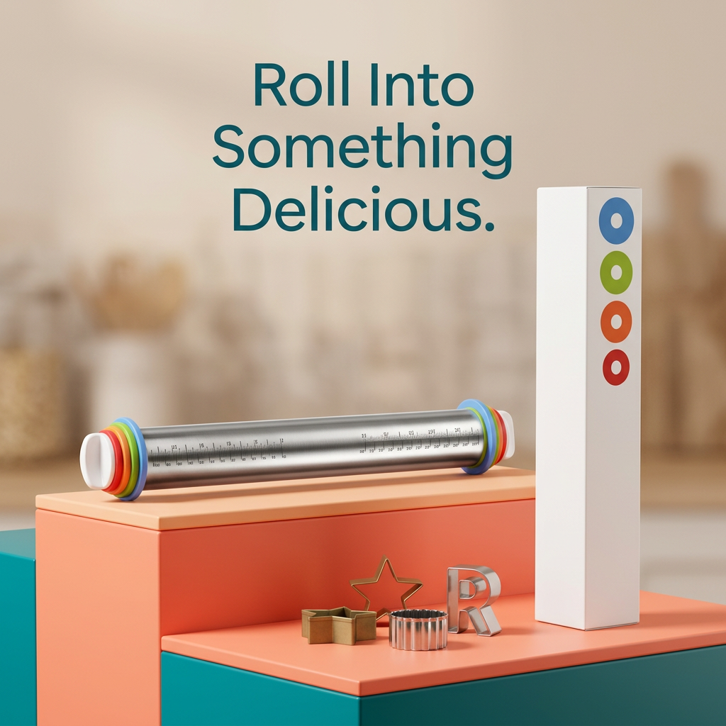 Adjustable rolling pin in a colorful coral and teal studio setting