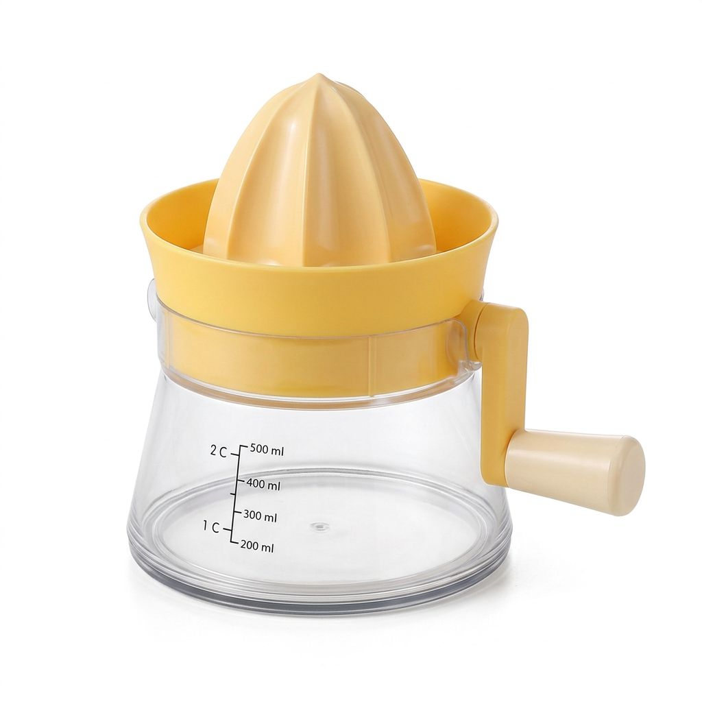 Unbranded yellow manual citrus juicer with side crank on a white background