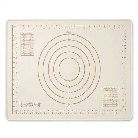 Cream silicone dough kneading mat with printed circular guides on a white background