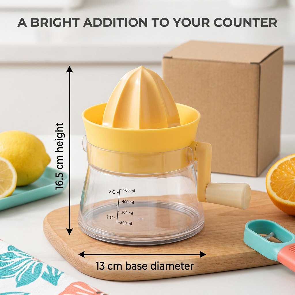 Manual citrus juicer reference dimensions 16.5 cm height and 13 cm base diameter