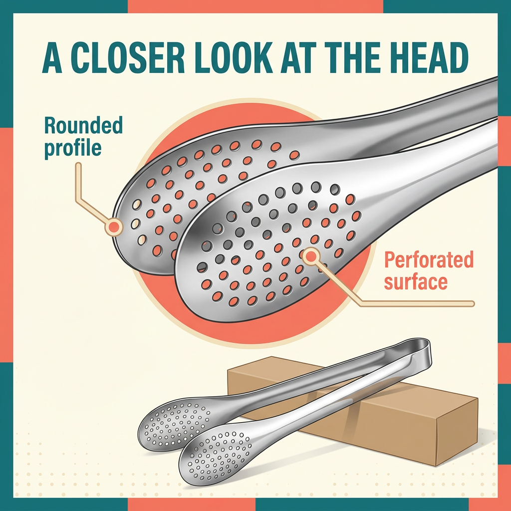 Close-up of rounded perforated tong heads