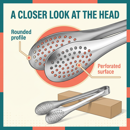 Close-up of rounded perforated tong heads
