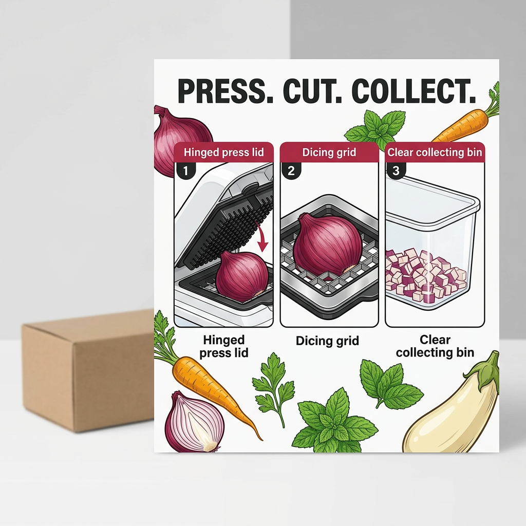 Hinged press lid dicing grid and collection bin details