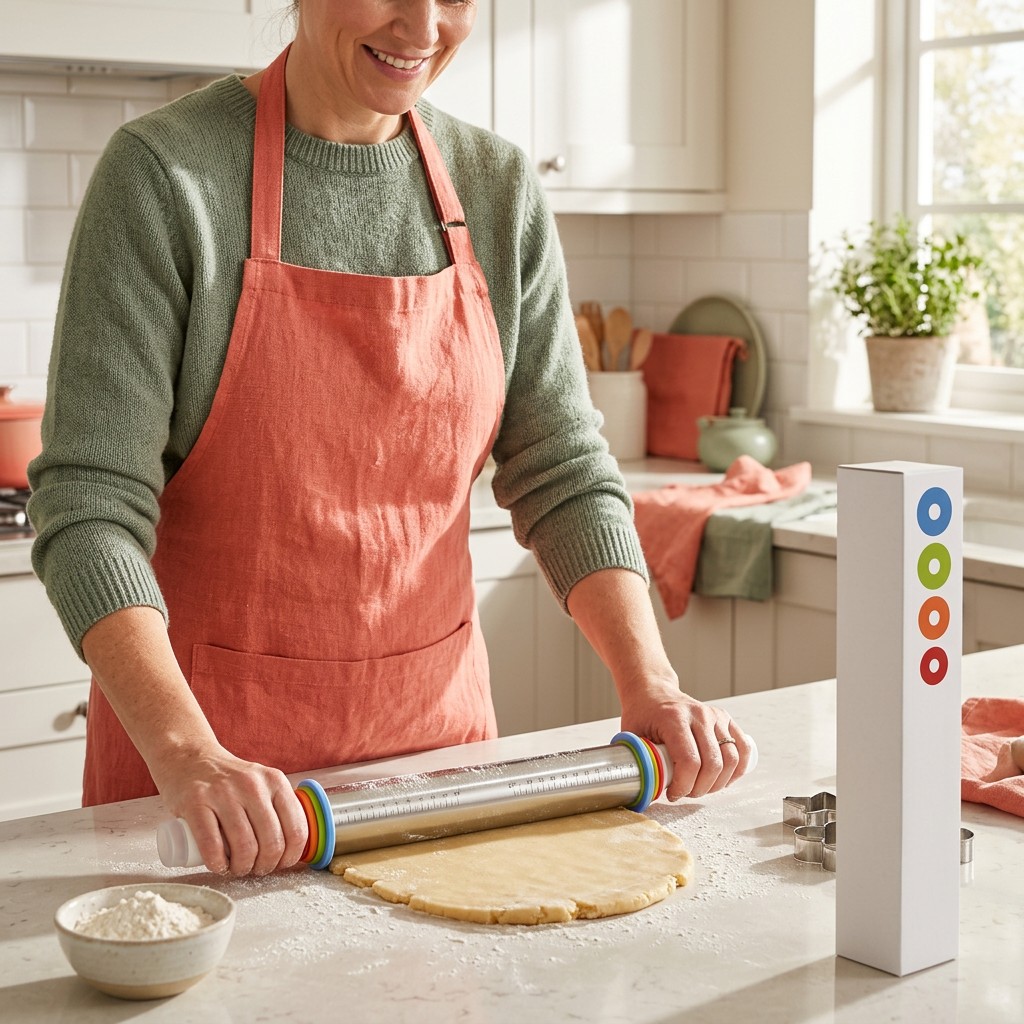 European female model using the rolling pin in a home kitchen
