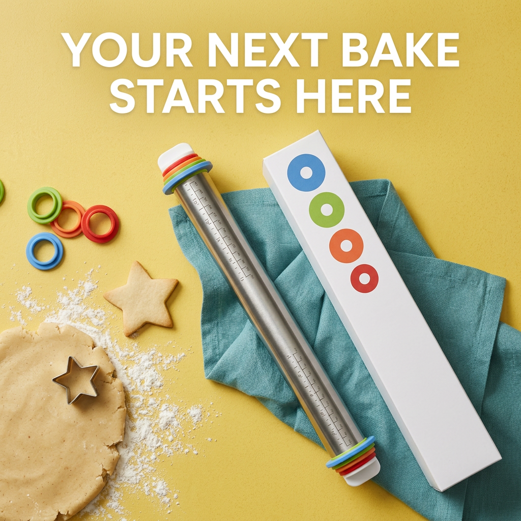 Rolling pin beside dough and cookies on a yellow baking workspace