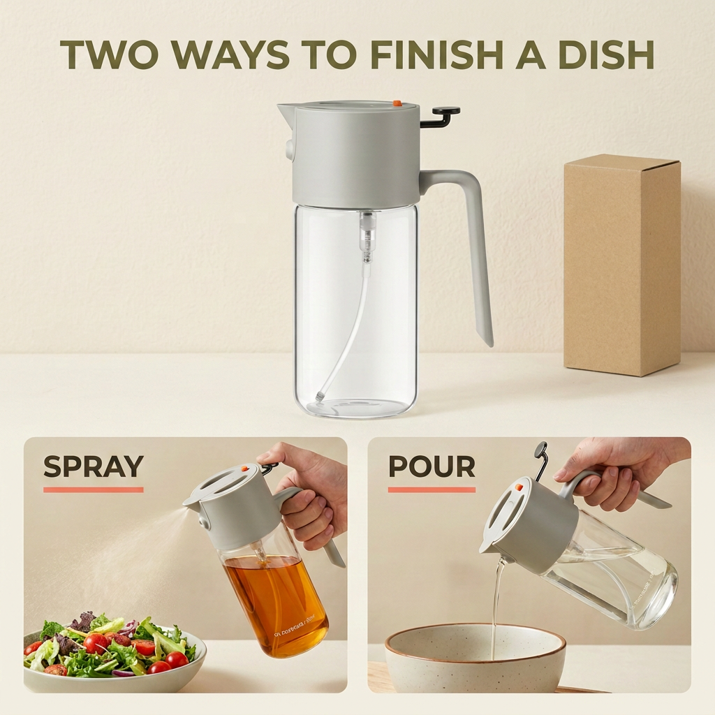 Spray and pour application options of the dual-use oil dispenser