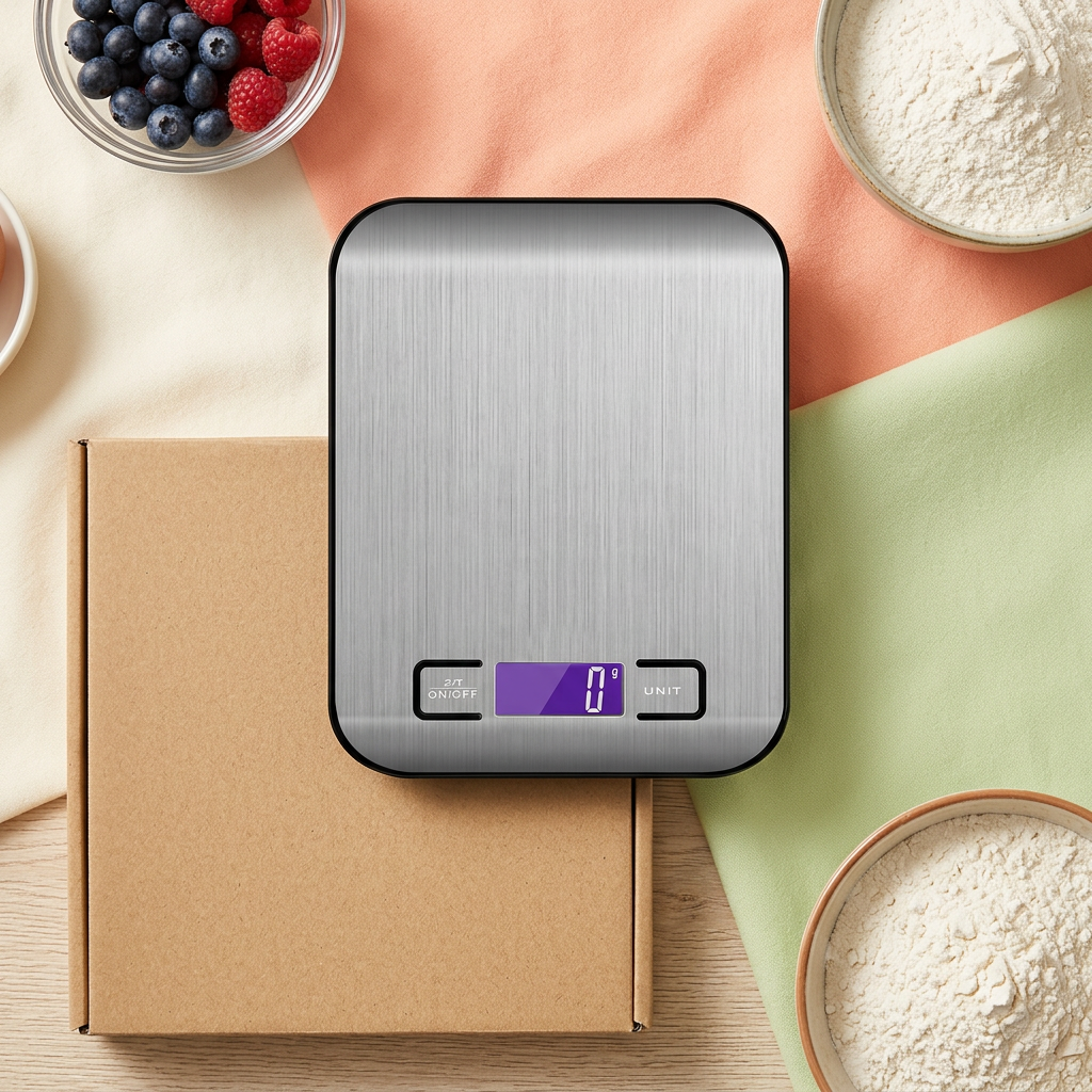 Digital kitchen scale flat lay in a colorful baking setting