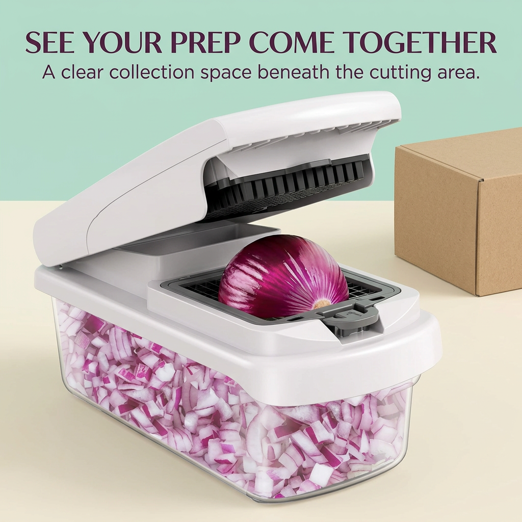 Transparent collection container holding diced red onion