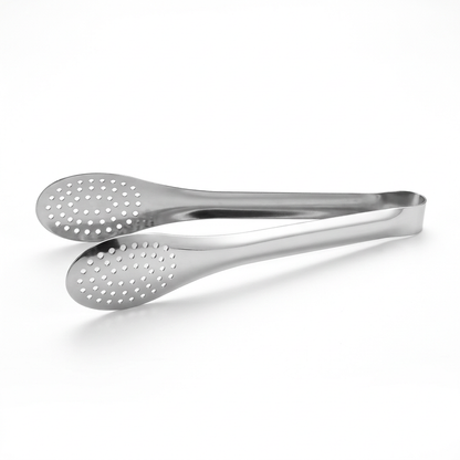 Single pair of round perforated stainless steel kitchen tongs on white