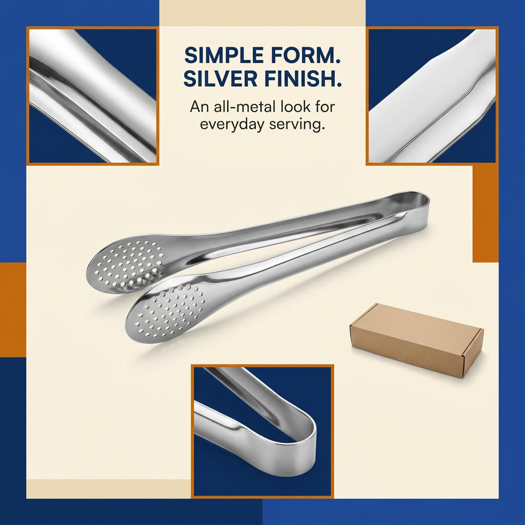 Polished silver tong arms and curved connecting section