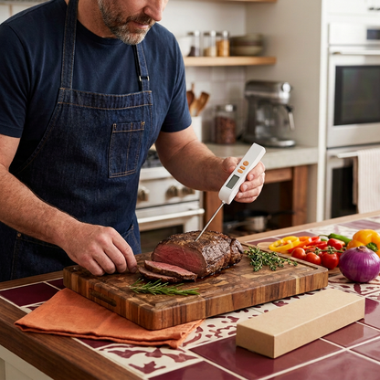 Male home cook using an unbranded food thermometer