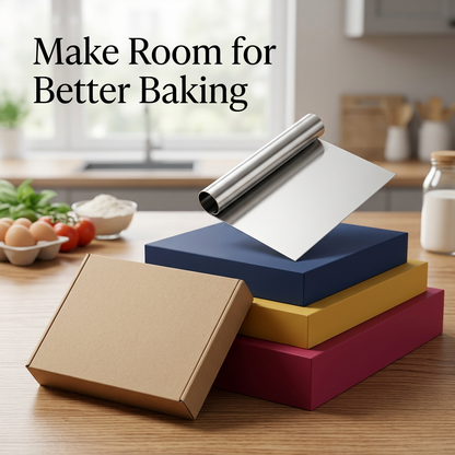 Stainless steel dough cutter in berry red mustard and navy studio setting