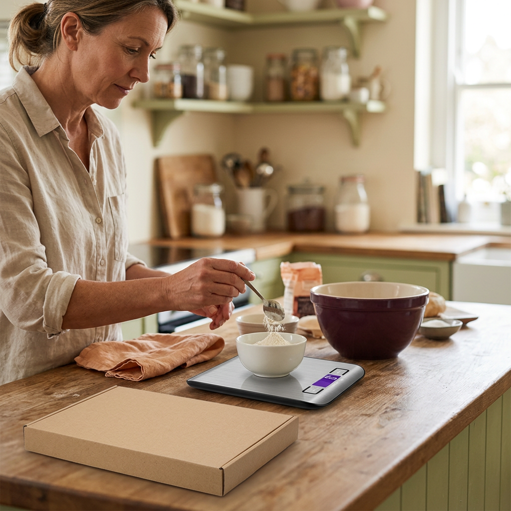 Female home baker adding flour to a bowl on the kitchen scale