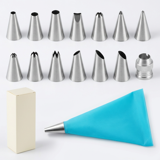Assorted piping tips turquoise bag and coupler with plain cream packaging on white